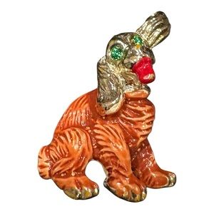 Vintage Orange Enamel Dog Brooch Green Rhinestone Eyes Gold Tone J18 1